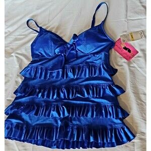 Betsey Johnson Women M Tankini Swim Top Shirt Blue Bow Ruffle Coquette Nwt New